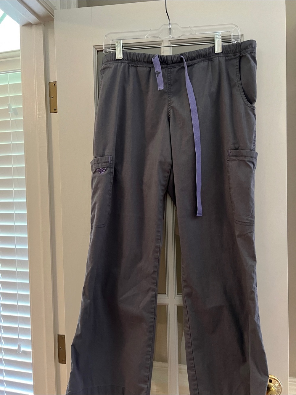 Med Couture Women’s Gray Cargo Drawstring Scrub Pants with Purple Accent